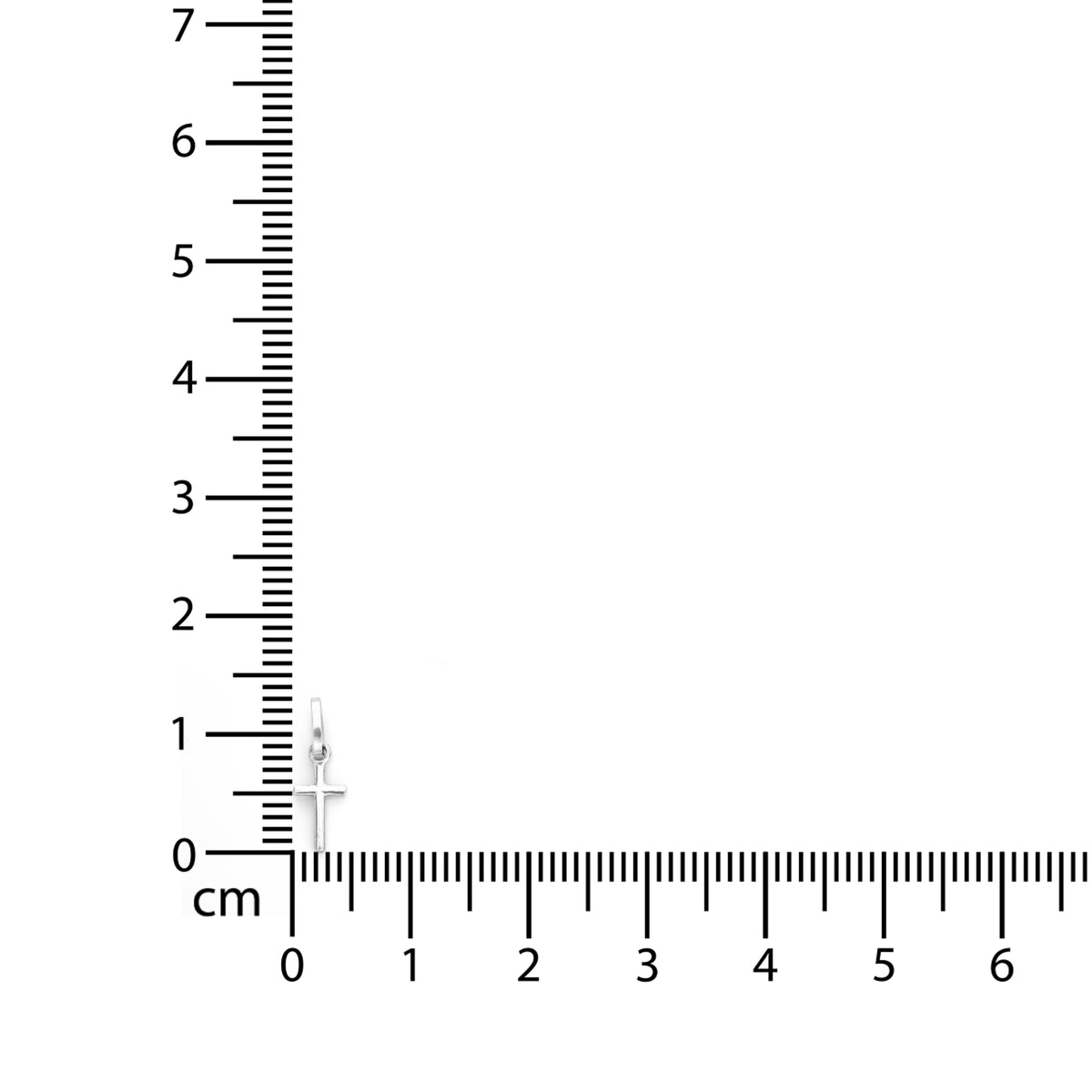 A small gold pendant with a white stone, shown next to a centimeter ruler for scale on a plain white background.