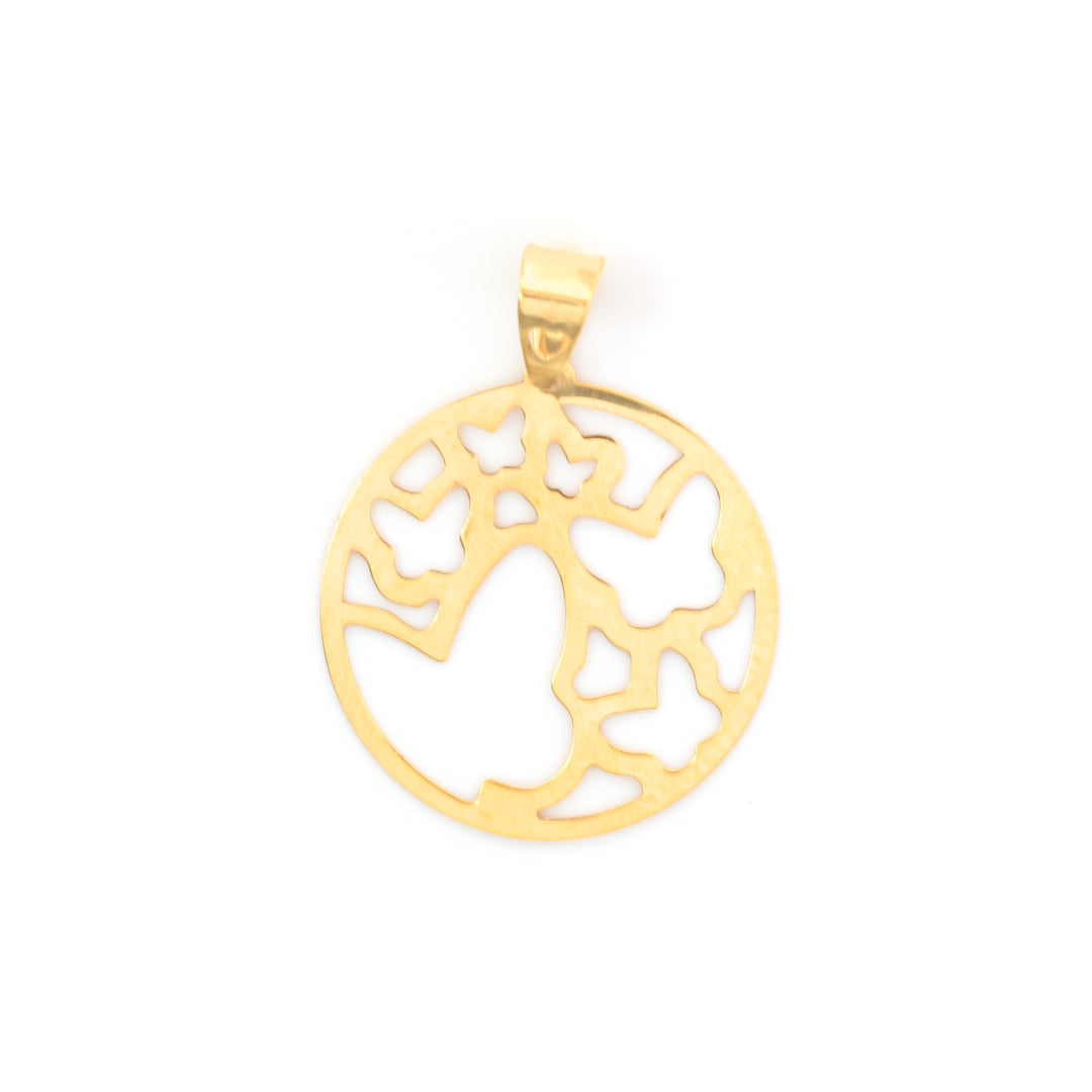 A gold circular pendant with a tree-of-life cutout design, displayed on a clean white background.