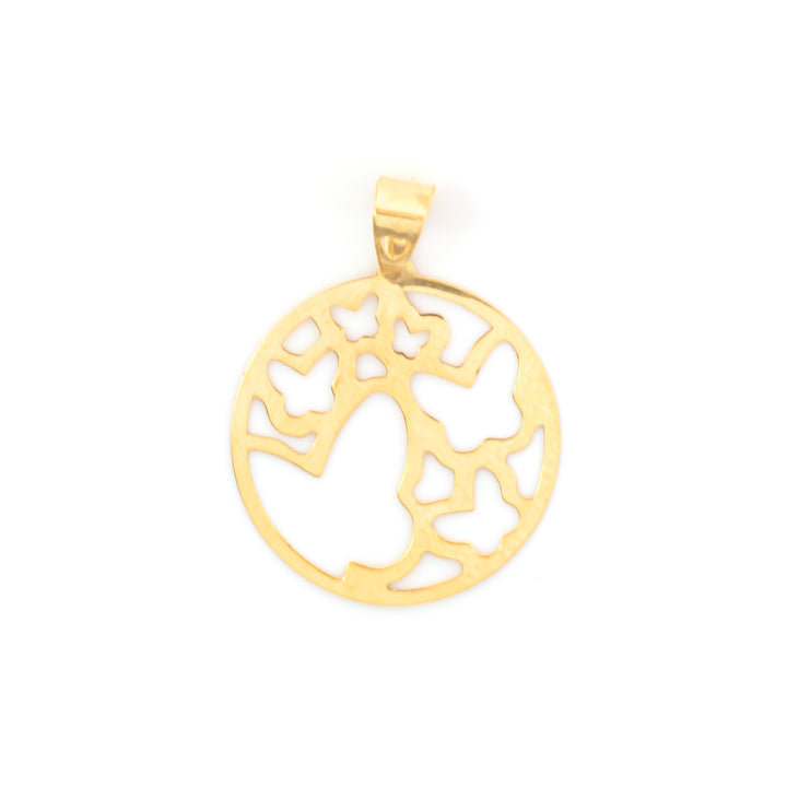 A gold circular pendant with a tree-of-life cutout design, displayed on a clean white background.