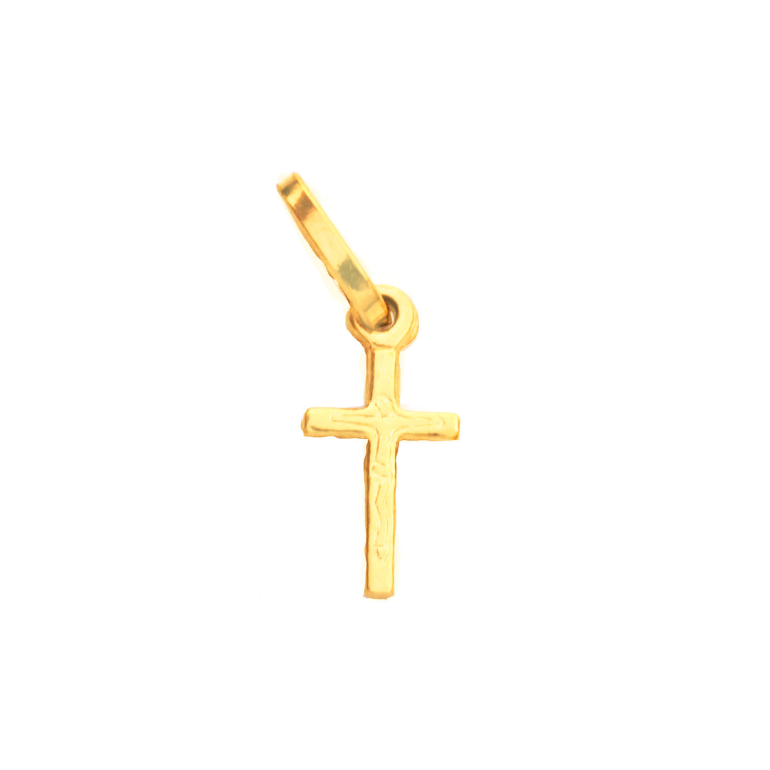 A small gold cross pendant with a textured surface and a polished bail at the top, shown on a plain white background.