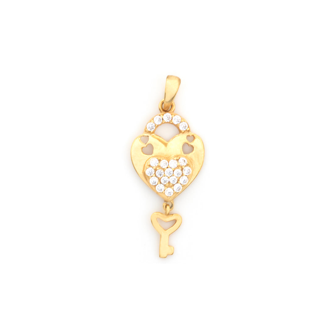 A gold heart-shaped pendant charm featuring a key dangle, adorned with clear pavé stones on the heart body and a halo of small clear stones at the top, shown on a plain white background.