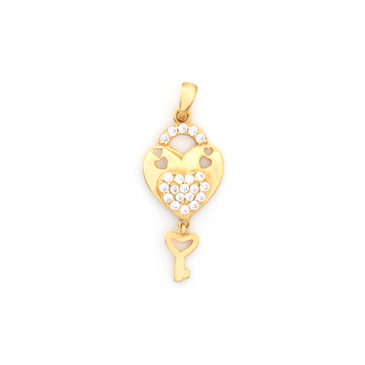 A gold heart-shaped pendant charm featuring a key dangle, adorned with clear pavé stones on the heart body and a halo of small clear stones at the top, shown on a plain white background.
