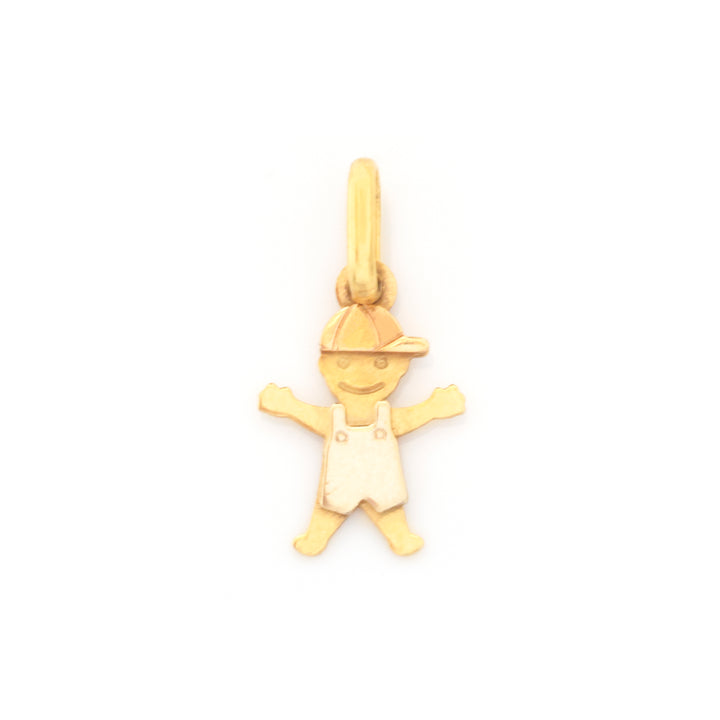 A small gold charm shaped like a smiling boy wearing overalls and a cap, shown on a plain white background.