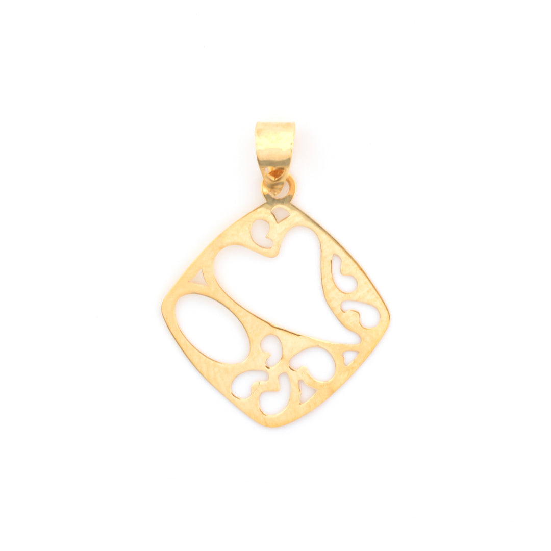 A gold pendant with an openwork filigree design, featuring a heart motif and scroll details, shown on a plain white background.