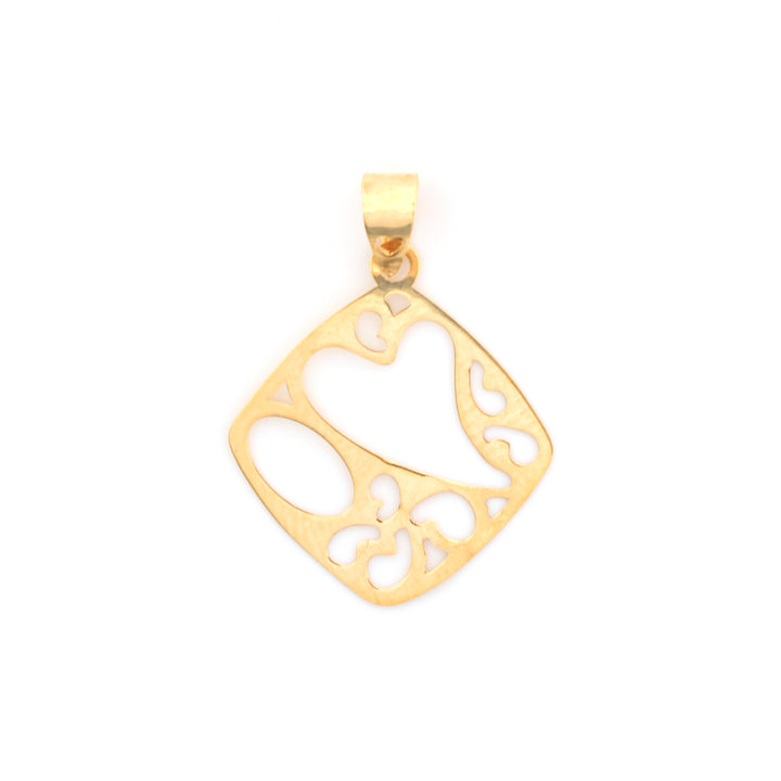 A gold pendant with an openwork filigree design, featuring a heart motif and scroll details, shown on a plain white background.
