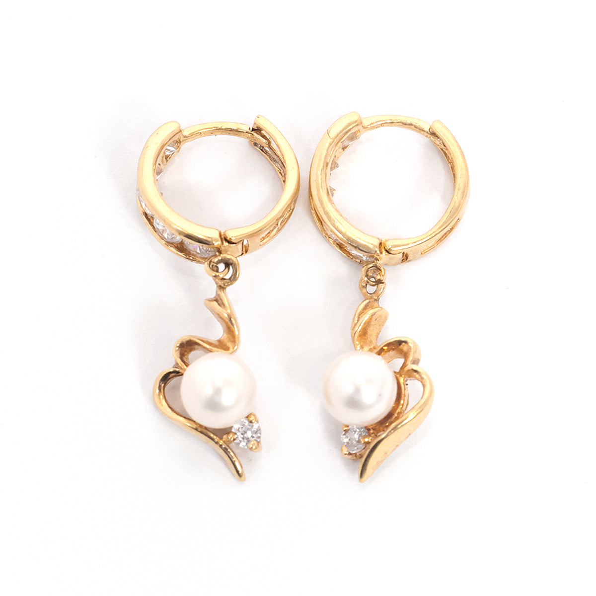 18K Gold Earrings with Pearl & CZ Drop Hoop Design - Main View
