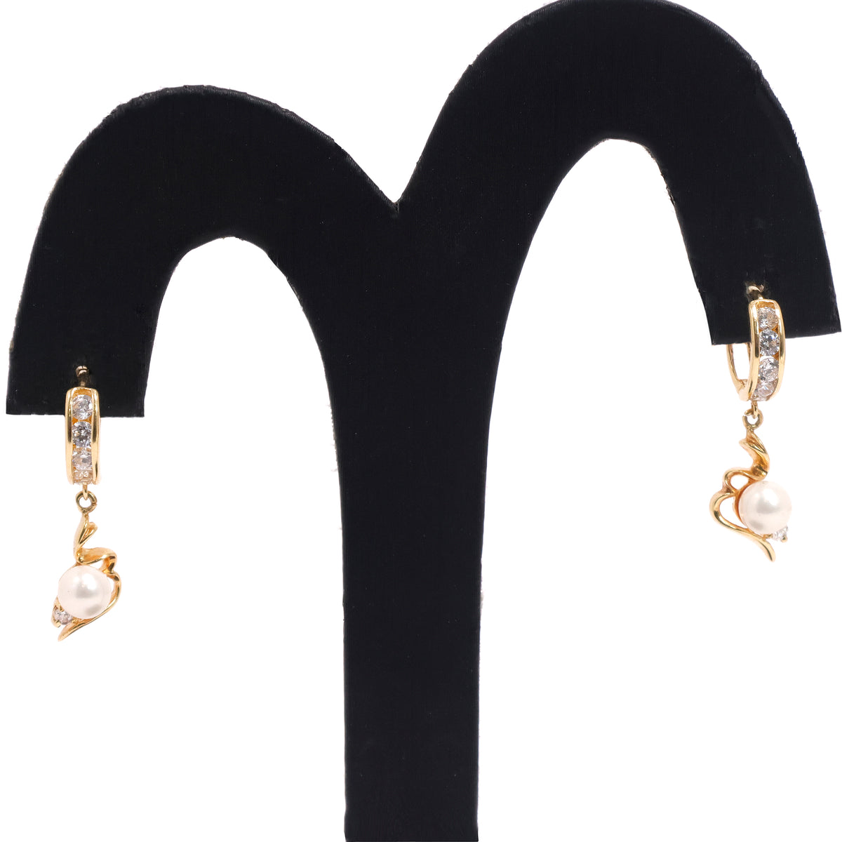 18K Gold Earrings with Pearl & CZ Drop Hoop Design - Full View