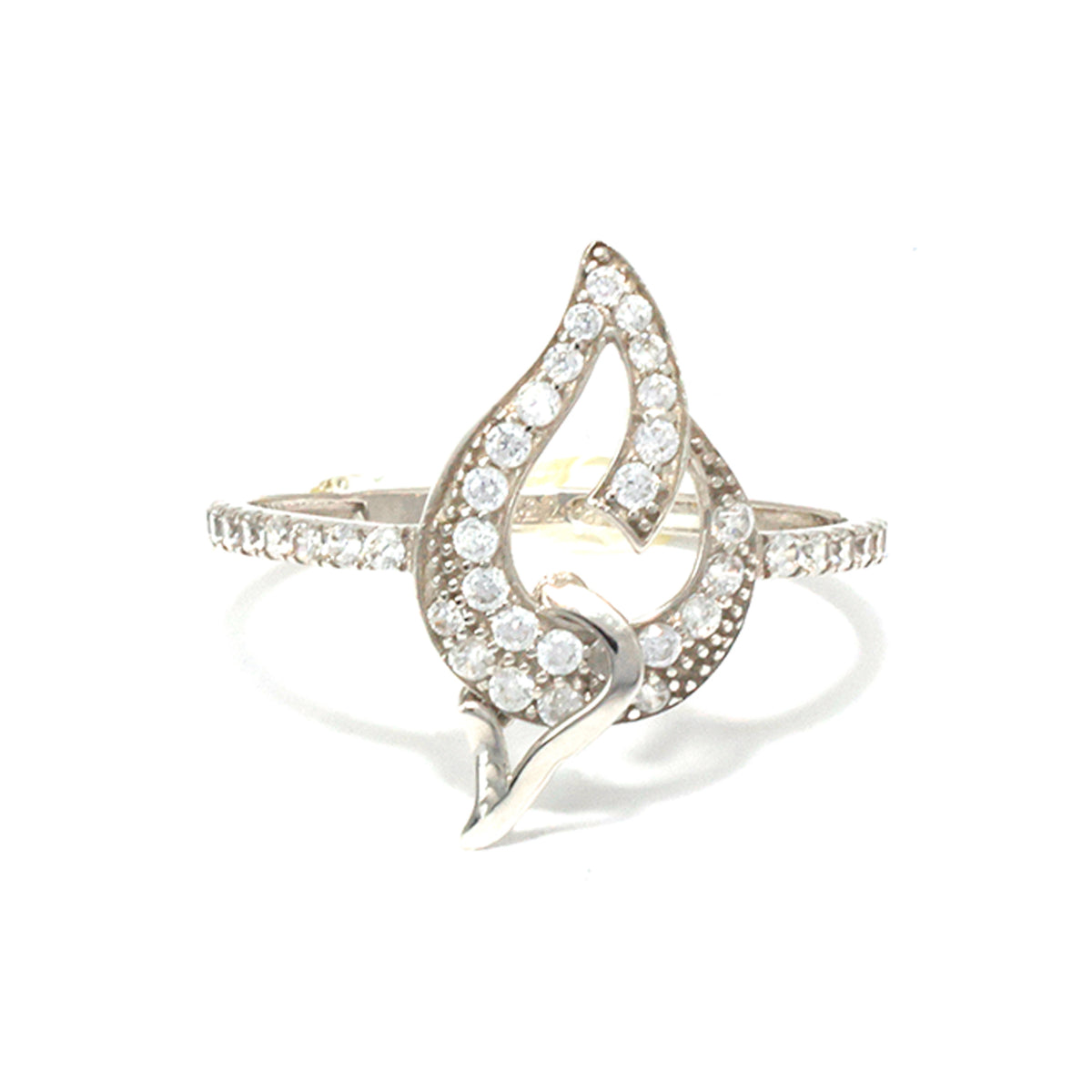 Silver ring with teardrop design and clear stones on a white background
