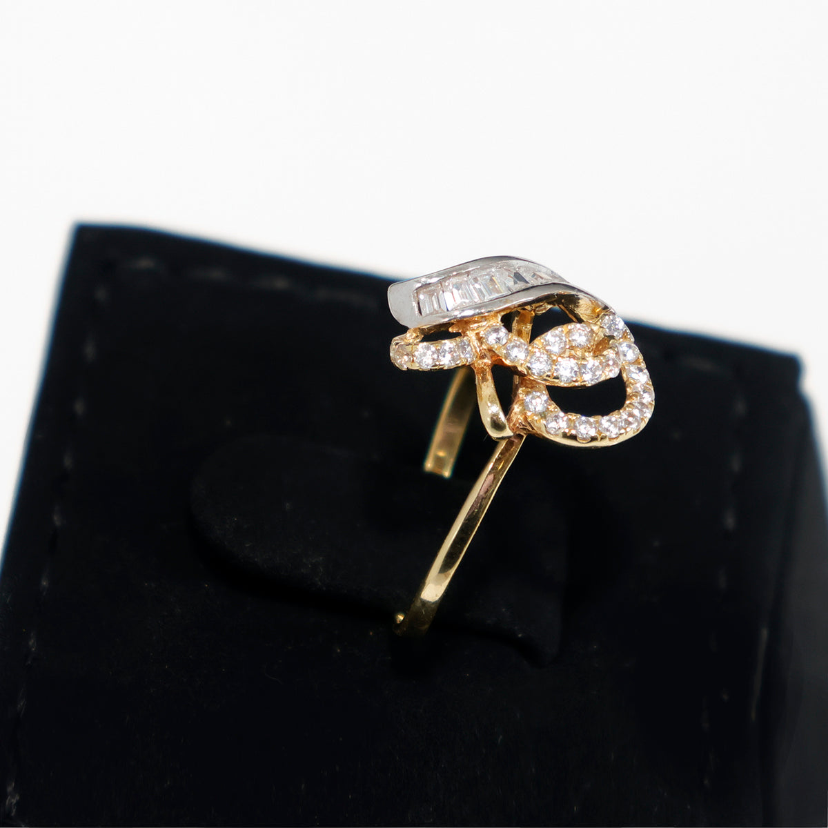 18K Gold Musical Note CZ Ring with Baguette Accent - Side Angle