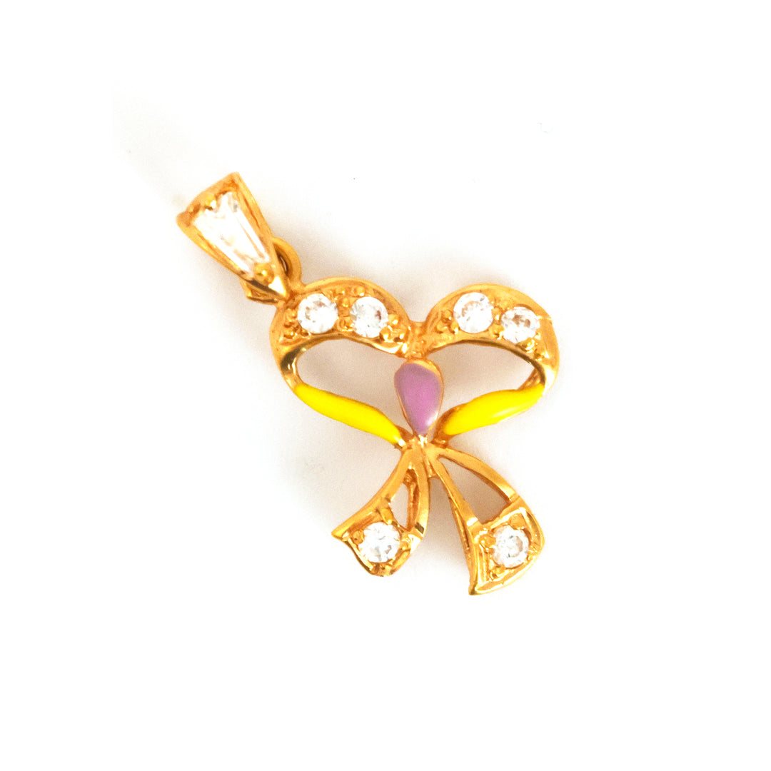 Gold bow-shaped pendant with a purple center on a white background