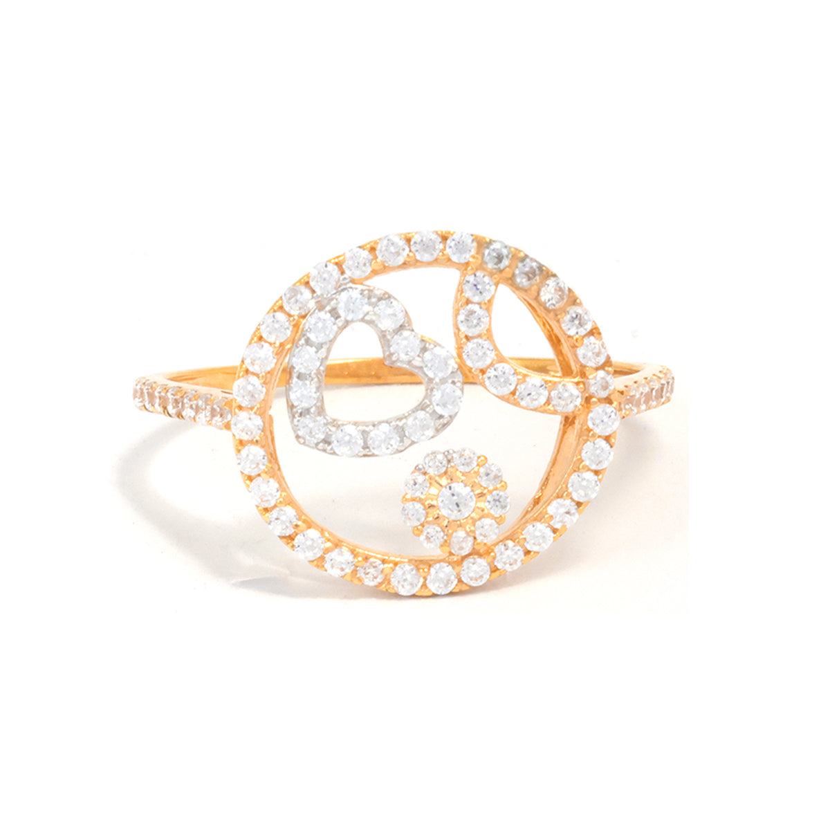 Gold ring with clear gemstones on a white background