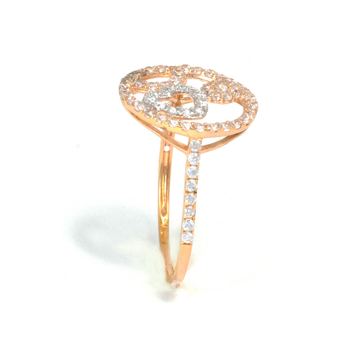 Rose gold ring with diamond accents on a white background