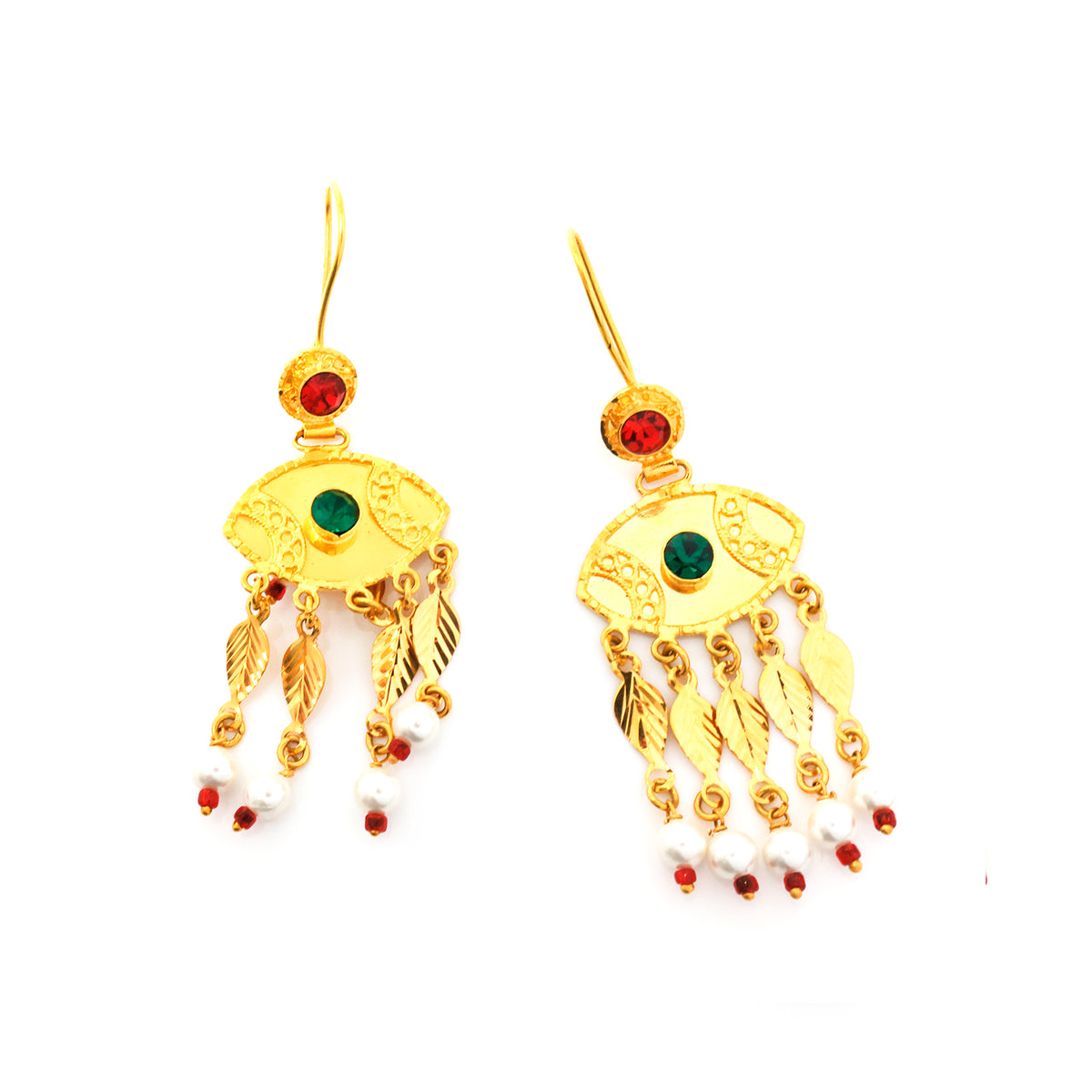 Gold earrings with green and red stones on a white background