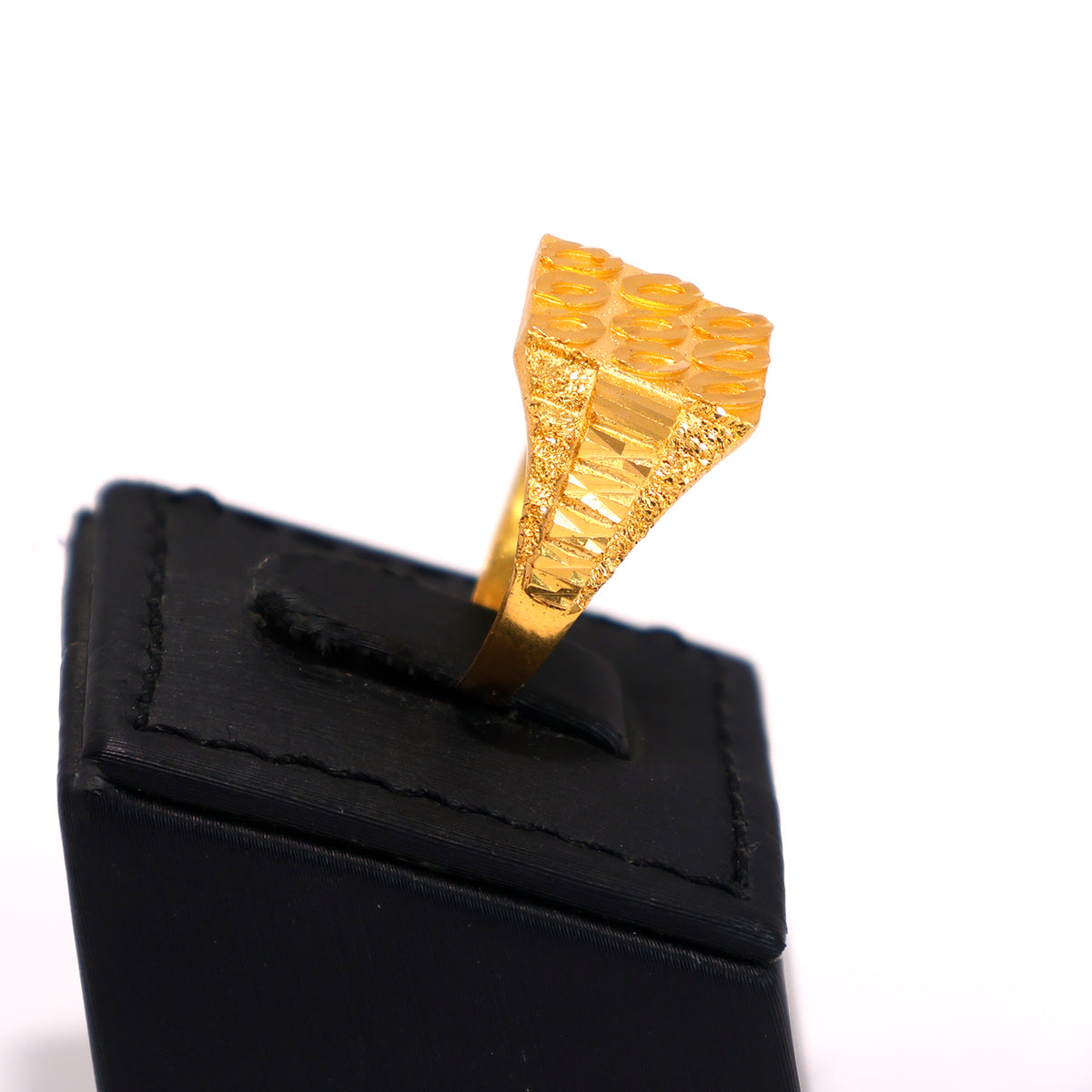 22K Gold Ring – Textured Geometric Signet – Zero Making Charge - Side Angle