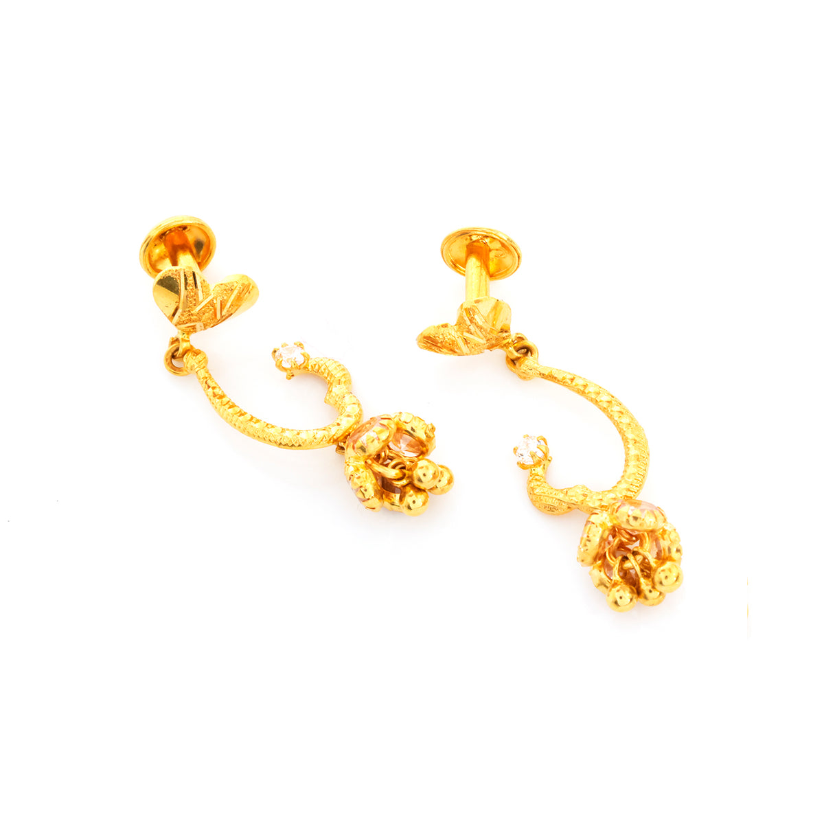 Pair of gold earrings on a white background