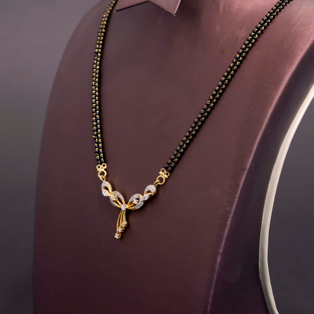 22K Gold Necklace with Beautiful Two-Layer Mangalsutra Design - Side Angle