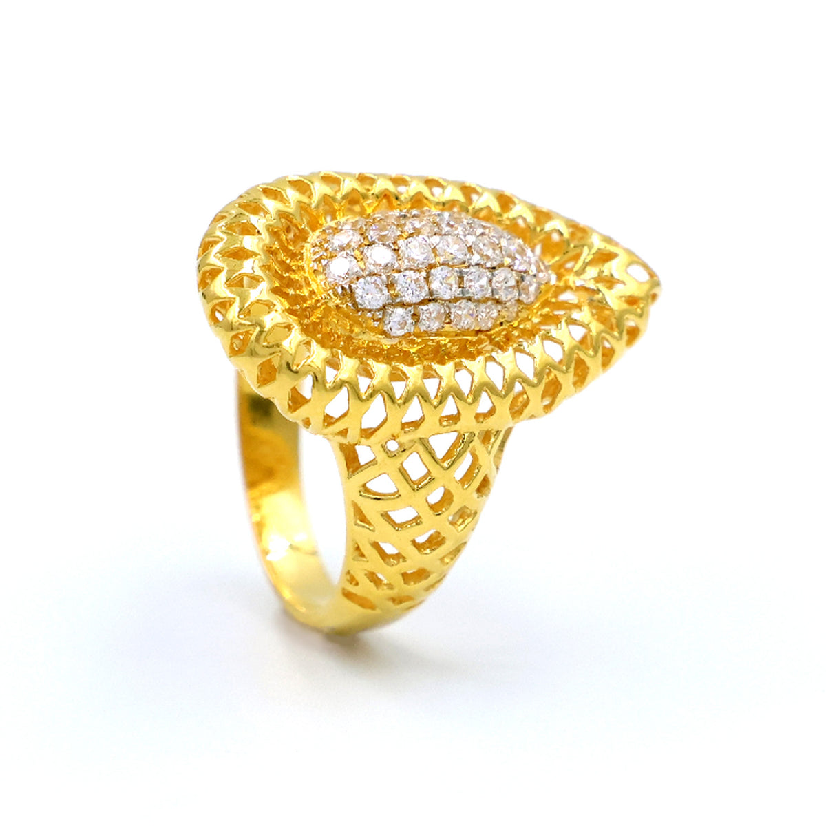 A 22K gold ring with a Singapore design, featuring a textured surface and a central diamond-like stone surrounded by smaller clear stones.