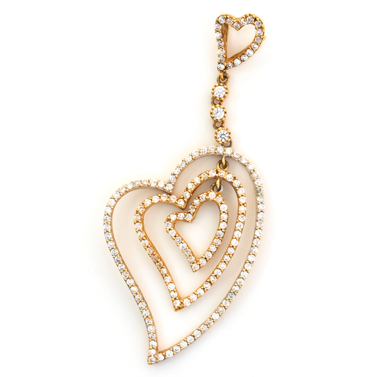 A gold-toned dangle earring featuring three nested open heart shapes, each outlined with small clear stones, suspended from a smaller heart at the top.