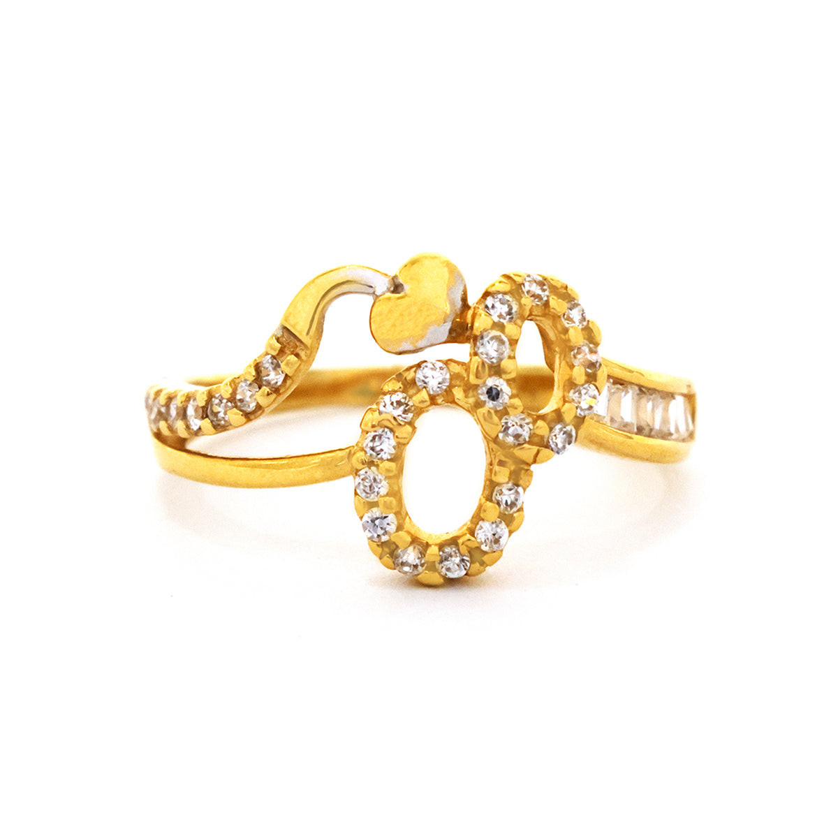 Gold ring with diamond accents on a white background