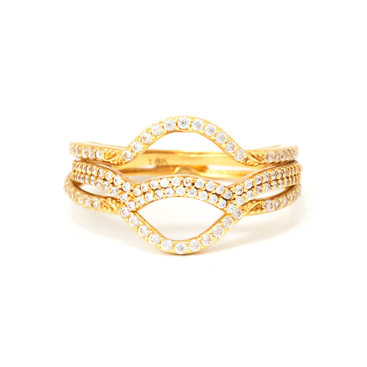Gold ring with diamond accents on a white background
