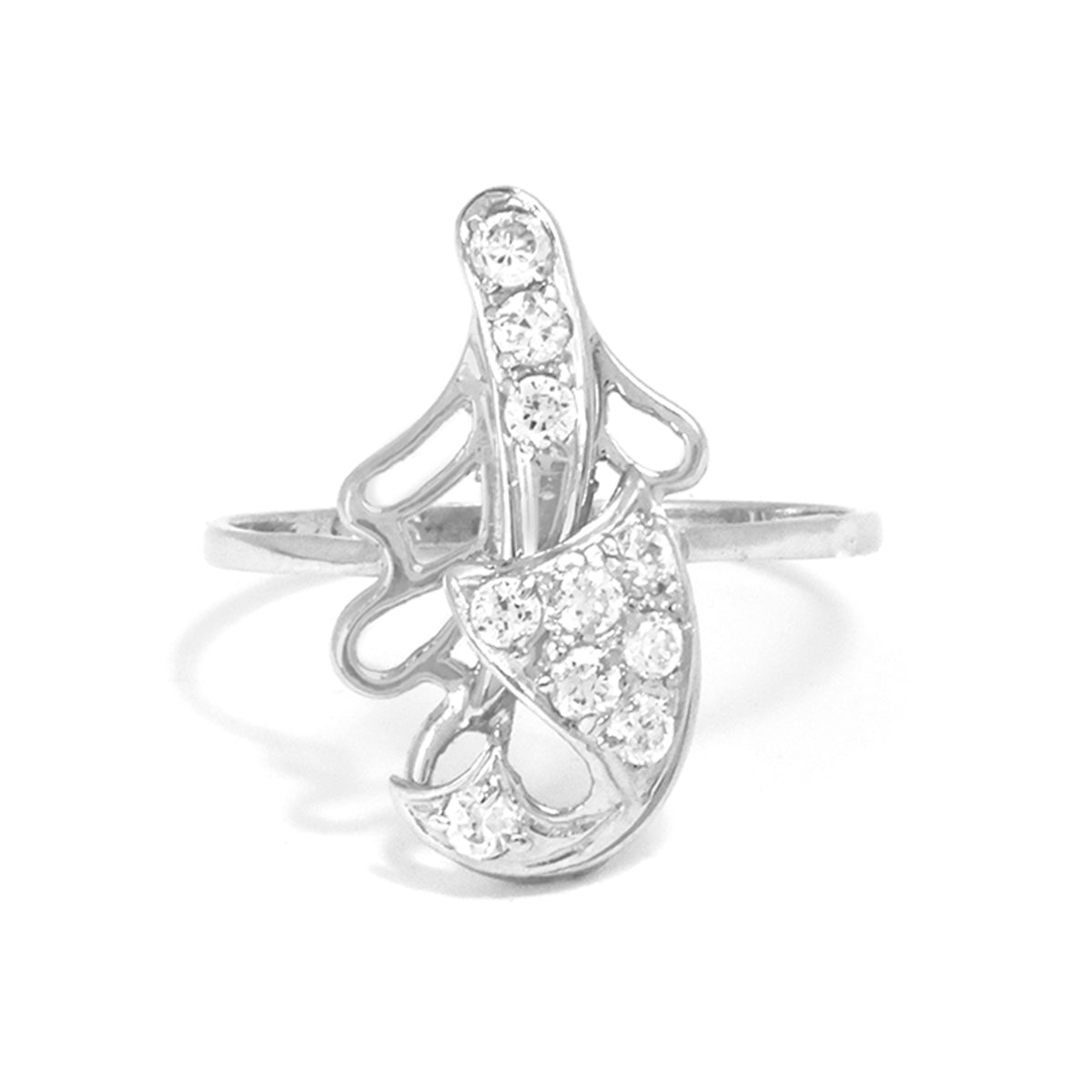 Silver ring with diamond accents on a white background