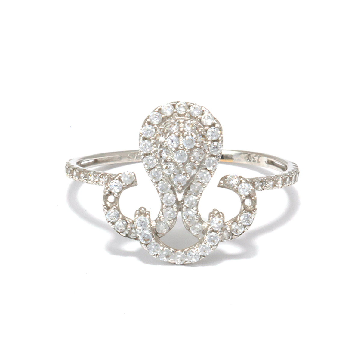 Diamond ring with intricate design on a white background