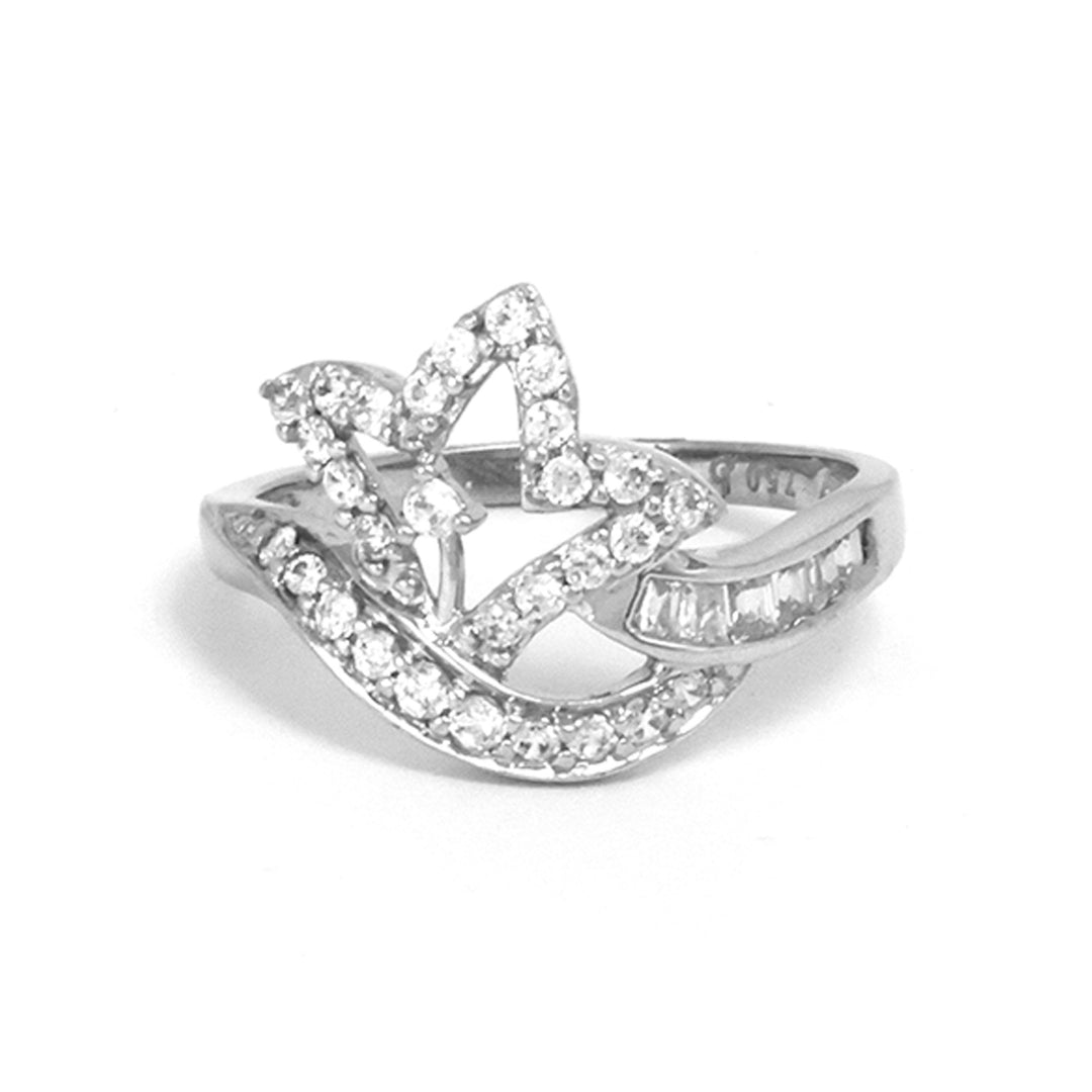 Silver ring with diamond accents on a white background