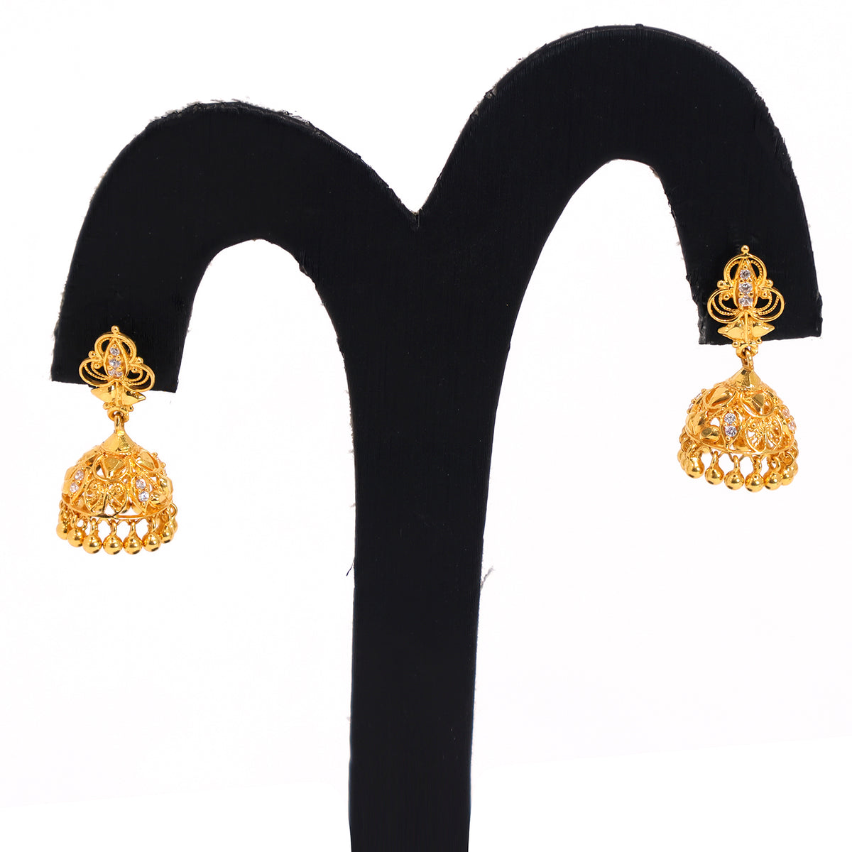22K Gold Earrings – Stone‑Accented Filigree Jhumka Design – Main View
