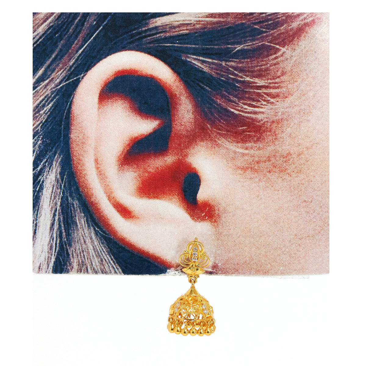 22K Gold Earrings – Stone‑Accented Filigree Jhumka Design – Size Reference