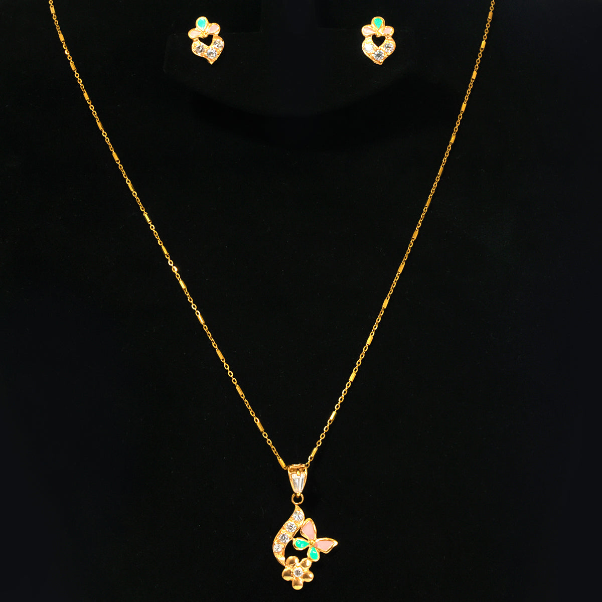 21K Gold Enamel Butterfly & Flower Necklace & Earring Set - Zero making charge