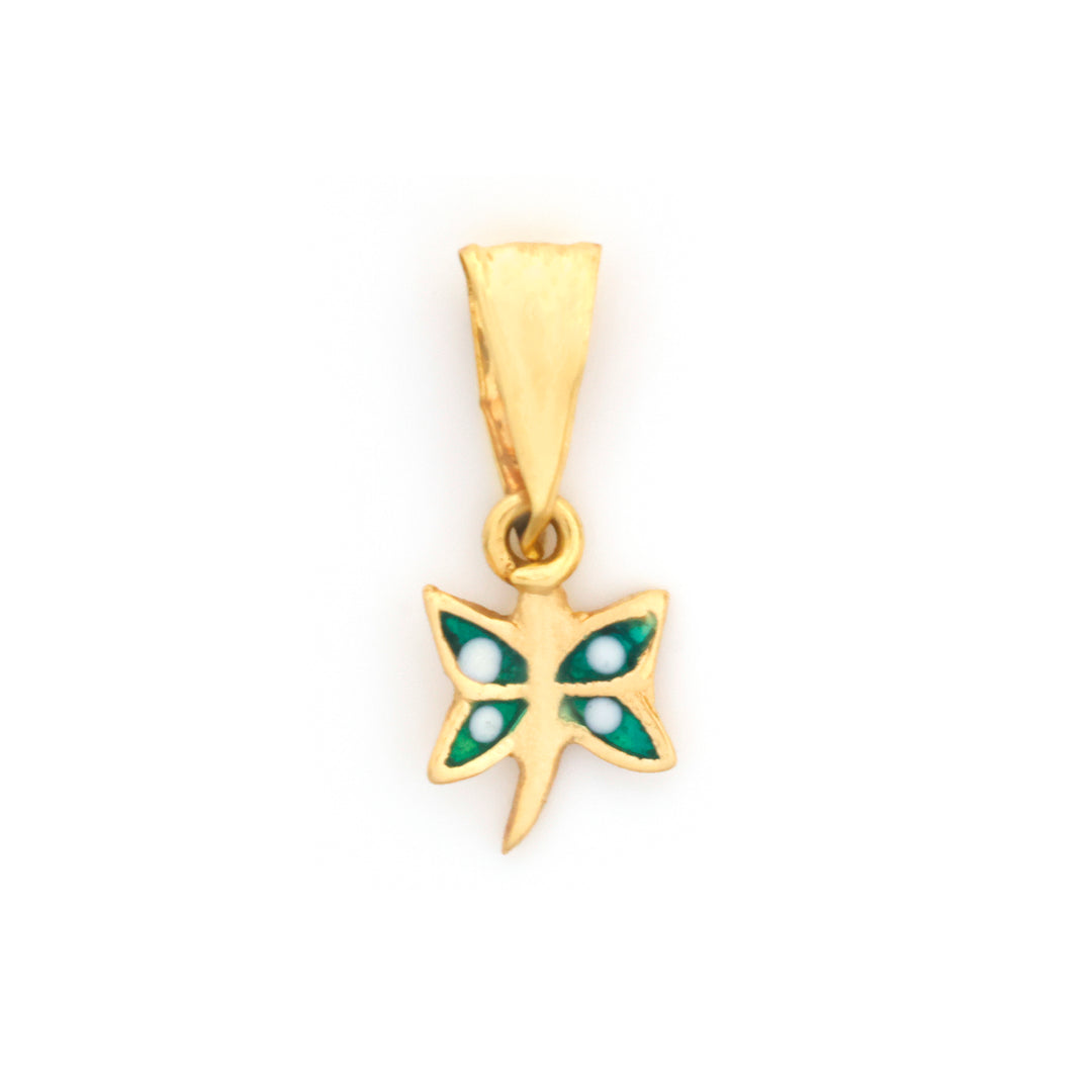 A gold butterfly pendant featuring green enamel wings with small white dot accents, shown on a plain white background.
