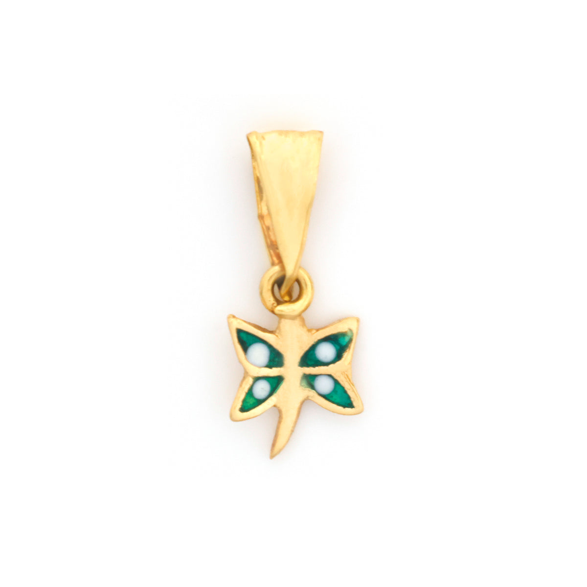 A gold butterfly pendant featuring green enamel wings with small white dot accents, shown on a plain white background.