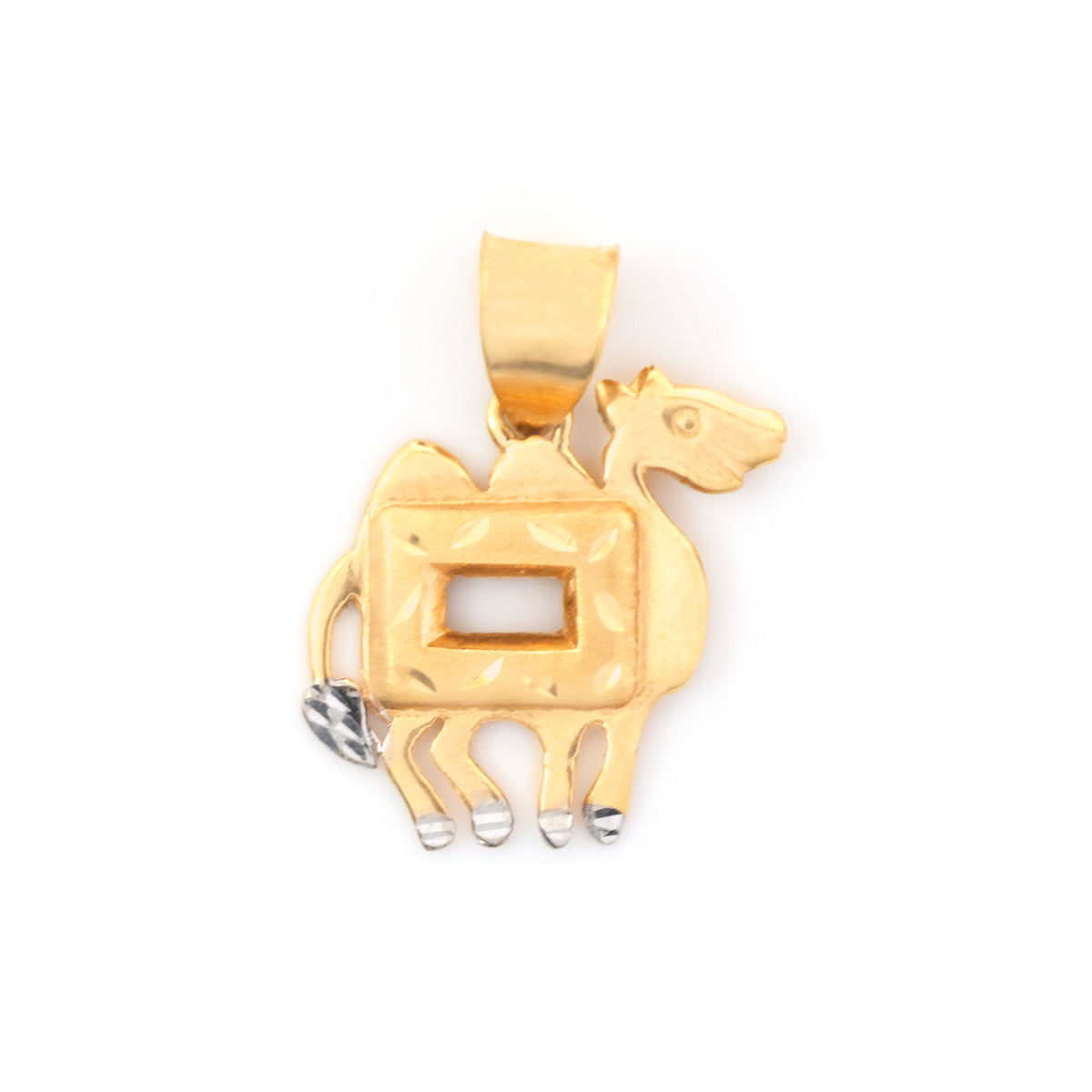 A gold camel pendant with a square cutout in the center and small silver-colored accents on the hooves and tail, shown on a plain white background.