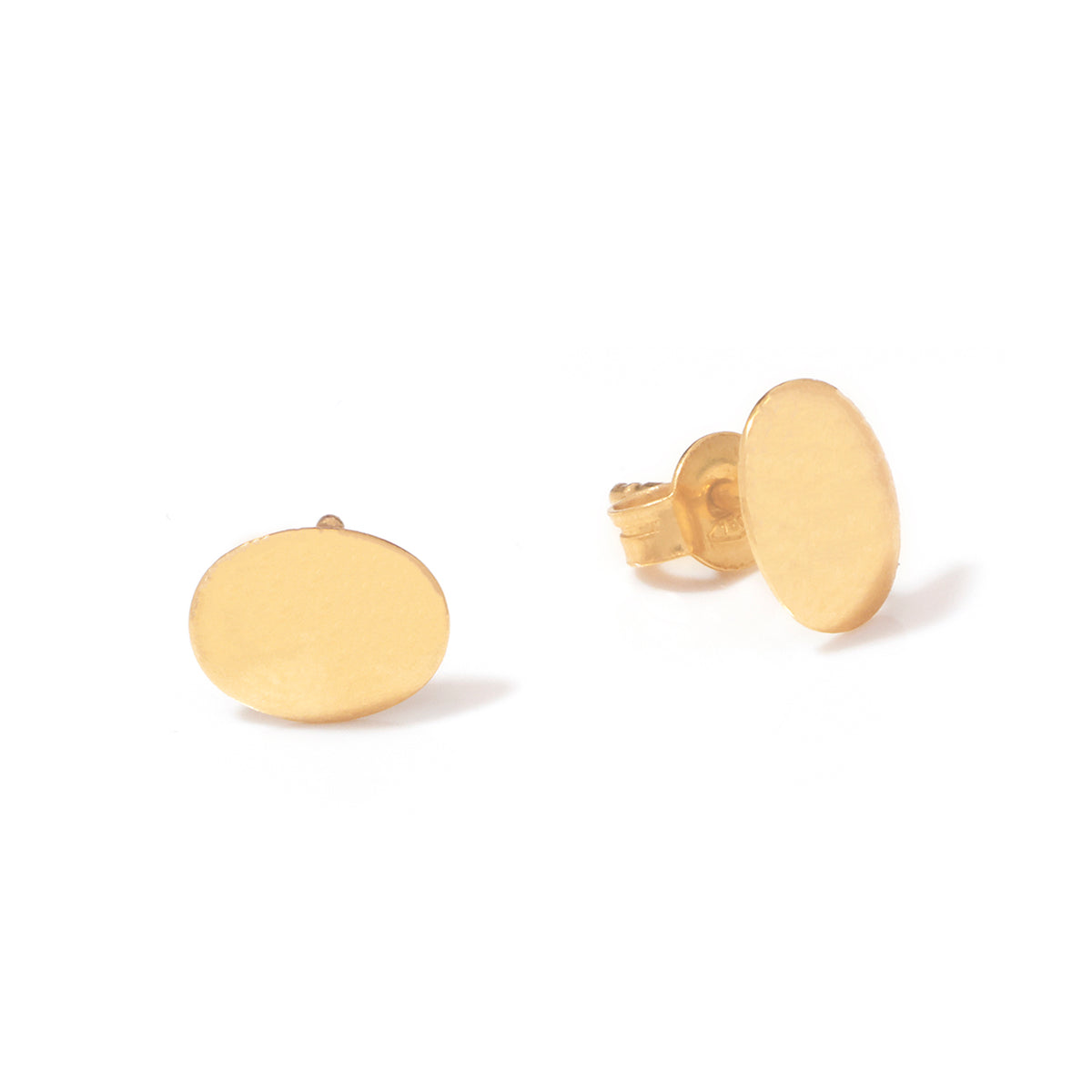 A pair of oval gold stud earrings, one shown from the front and the other from a side angle to display the post, on a clean white background.
