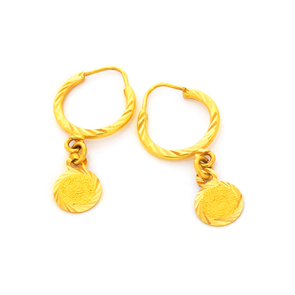 Pair of gold hoop earrings with circular pendants on a white background