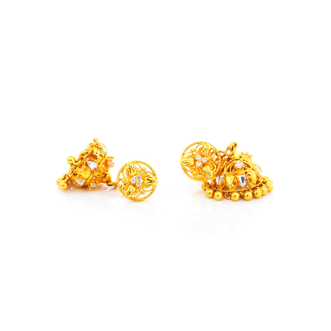 Pair of gold earrings on a white background