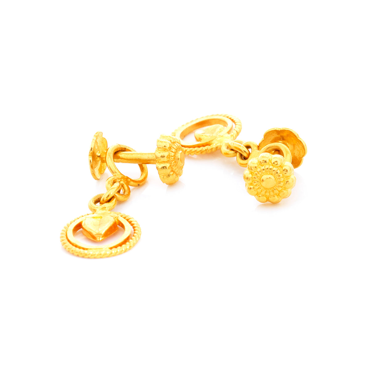 Gold baby shoes with heart and ball design on a white background