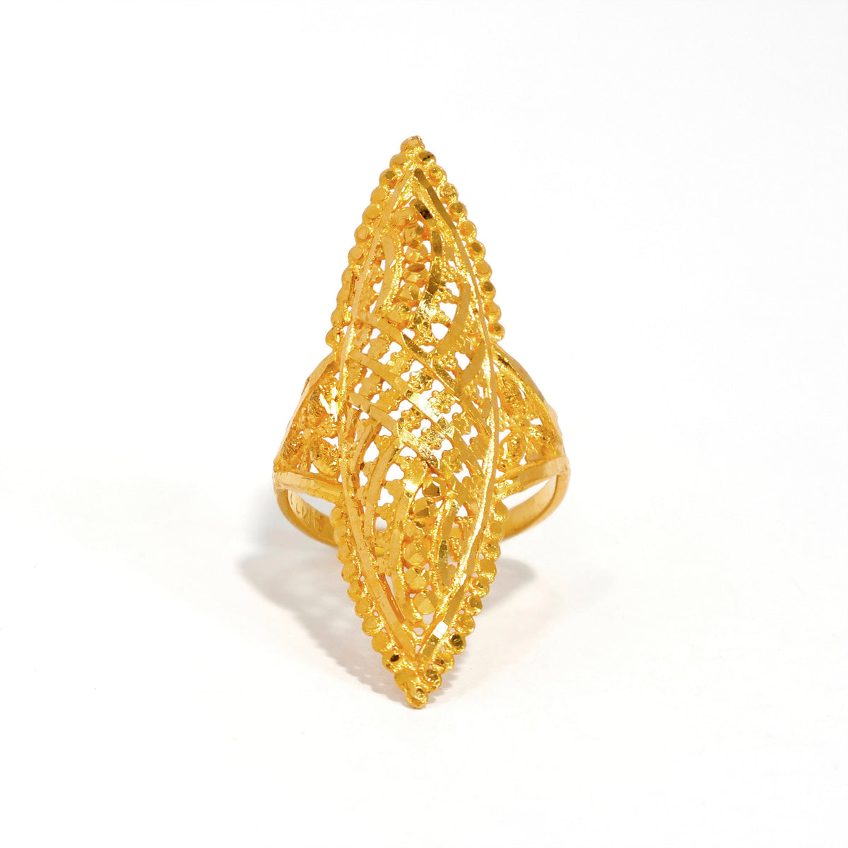 22K Gold Ring – elongated lattice filigree statement ring design – Close View