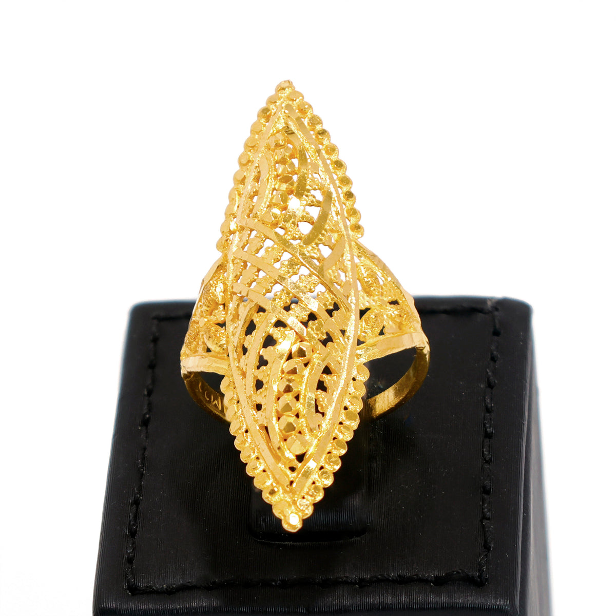 22K Gold Ring – elongated lattice filigree statement ring design – Main View
