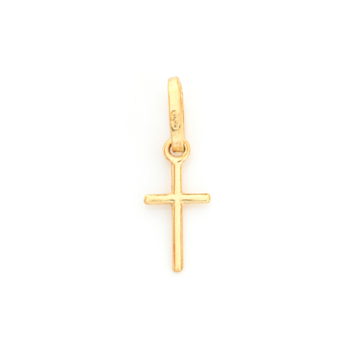 A small gold cross pendant charm with a polished finish and a top loop, shown on a plain white background.