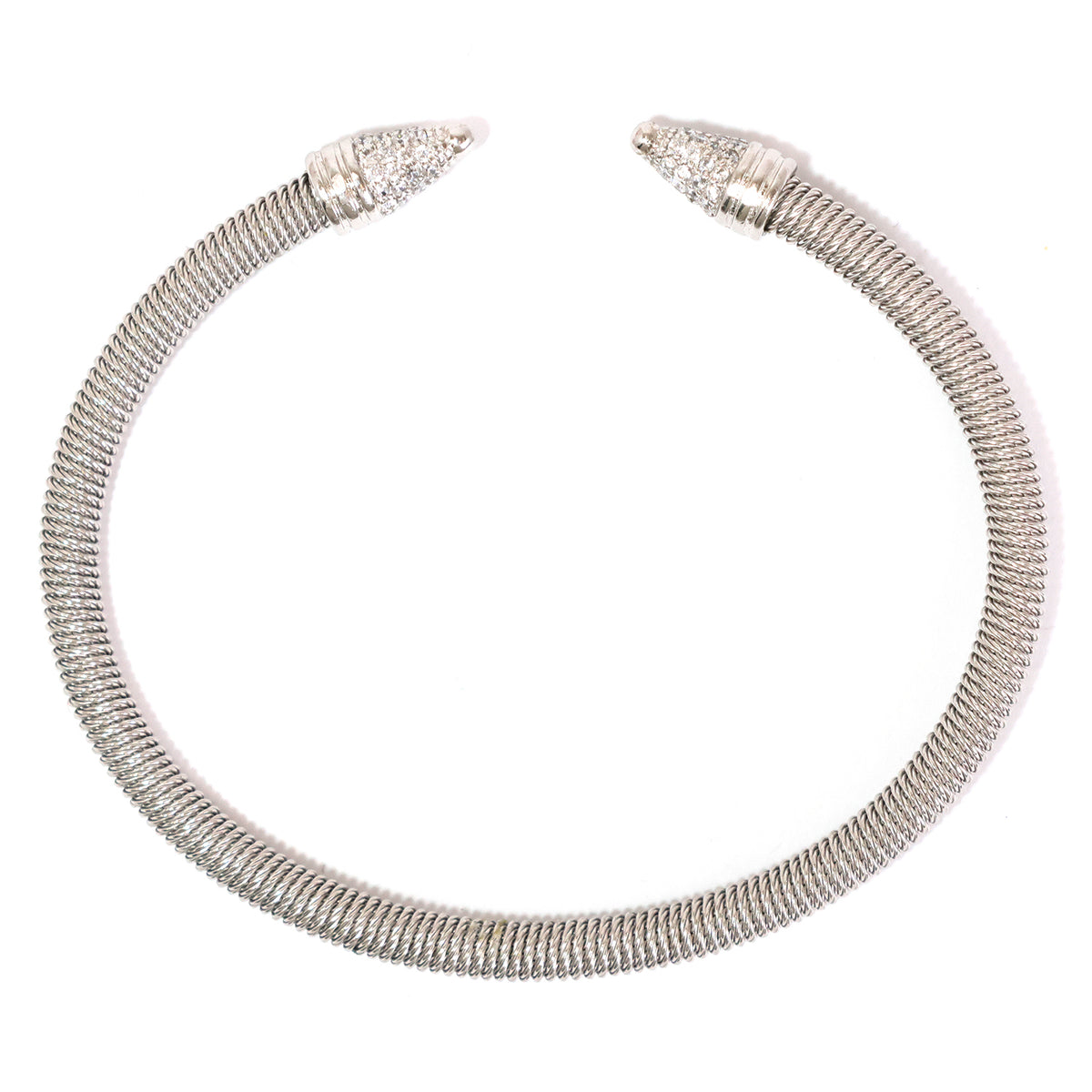 Silver necklace with clear stones on a white background
