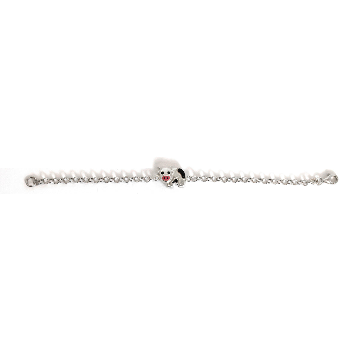 Silver bracelet with a small round charm on a white background