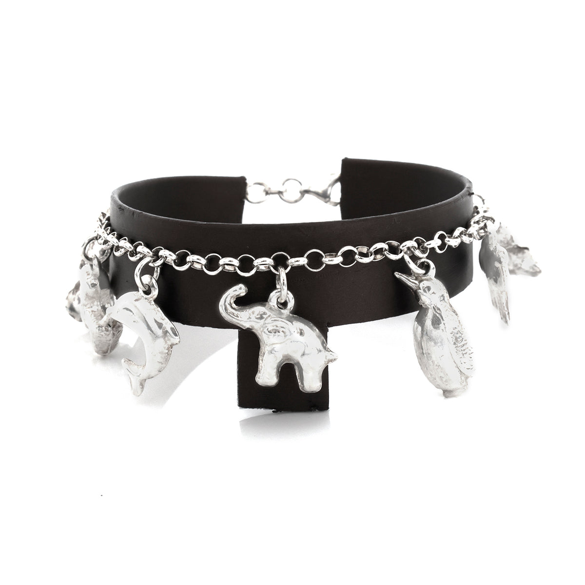 Black choker necklace with silver charms on a white background