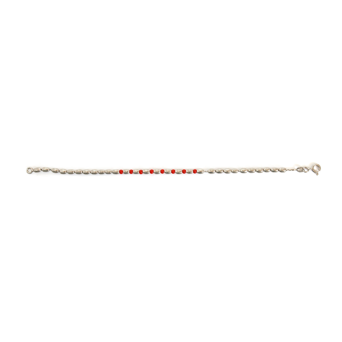 Silver chain bracelet with red beads on a white background