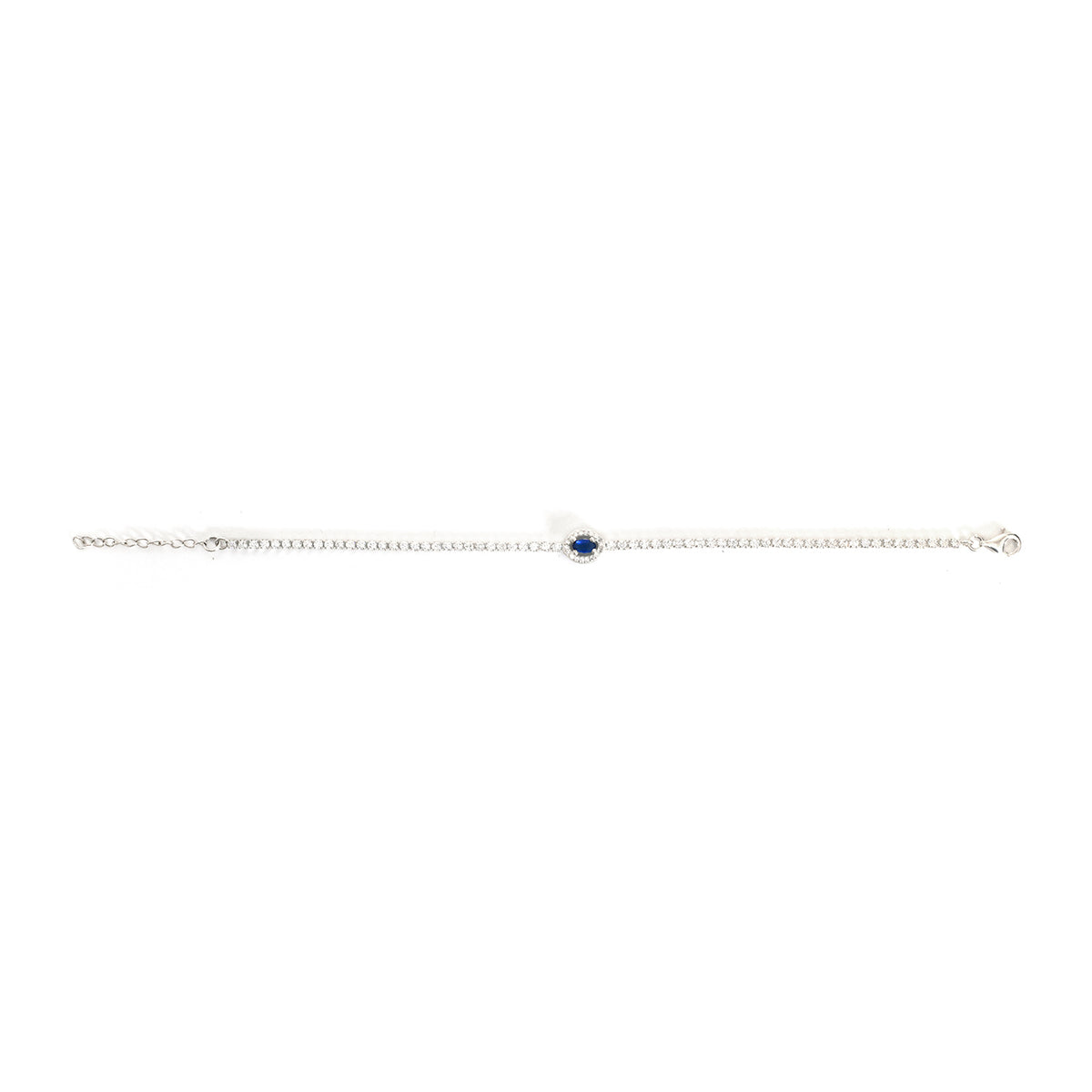 Delicate bracelet with a small blue gemstone on a white background