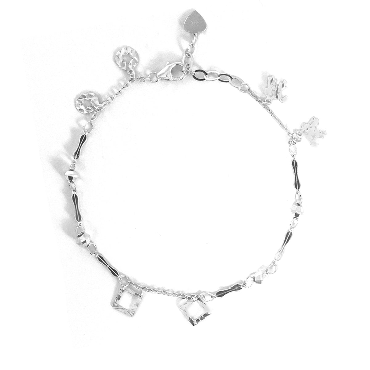 Silver bracelet with various charms on a white background