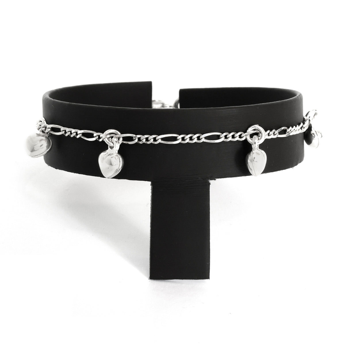 Black choker necklace with silver chain and heart-shaped pendants on a white background
