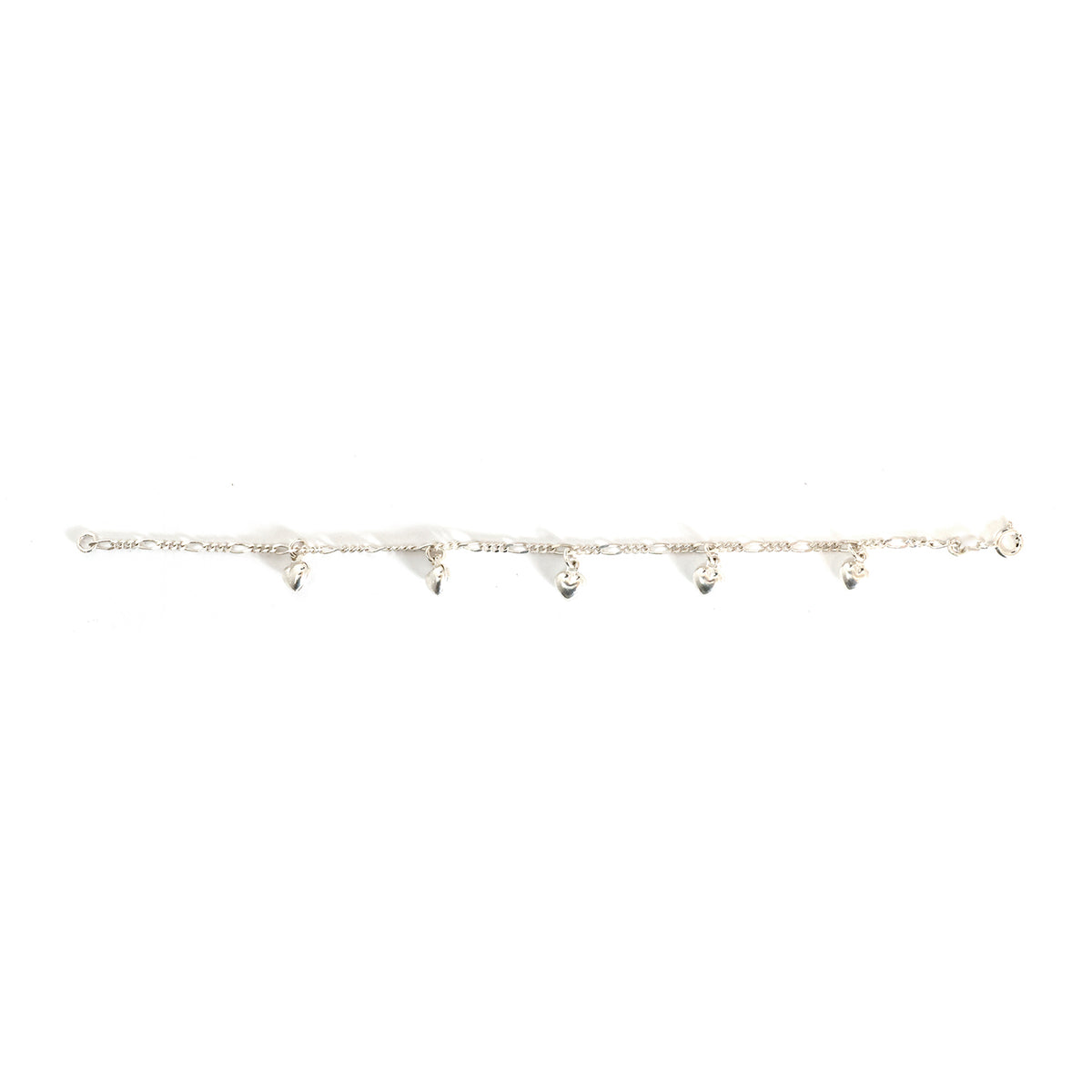 Silver bracelet with small heart charms on a white background