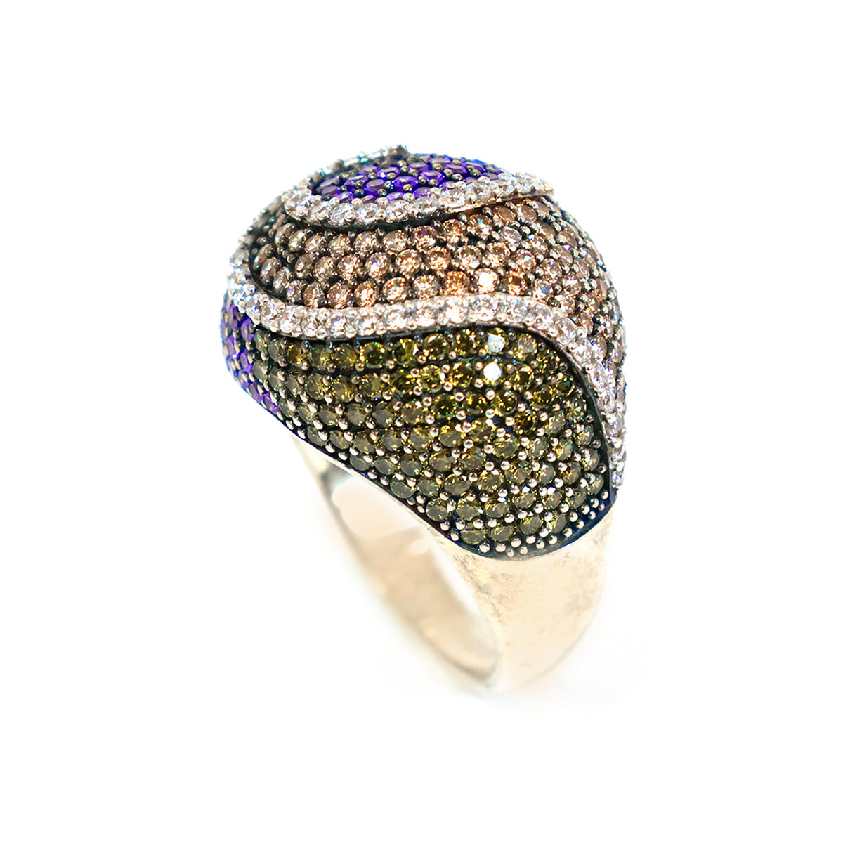 Multicolored gemstone ring on a white background