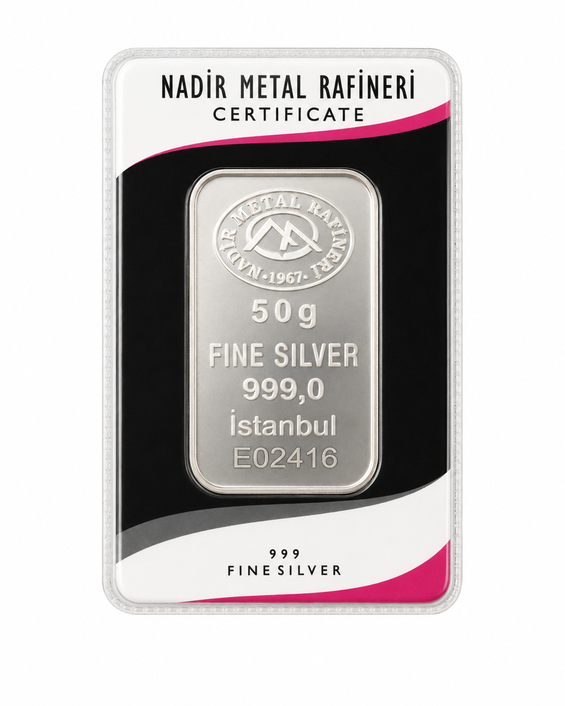 50g fine silver bar with Nadir Metal Rafineri packaging on a white background